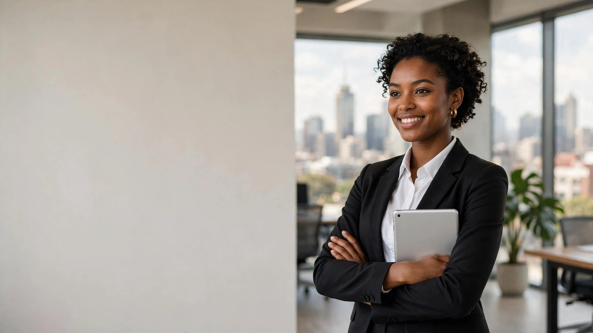 South African businesswoman in a modern office with a city skyline view, representing the growing businesses Ubuntu Fund supports