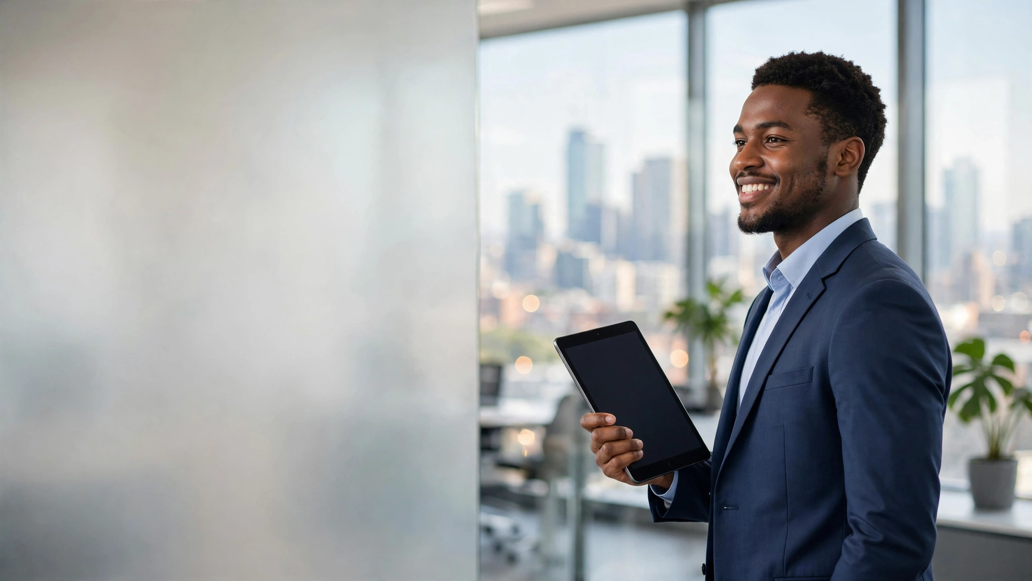 Confident South African business owner holding a tablet in a modern office, ready to submit a funding application