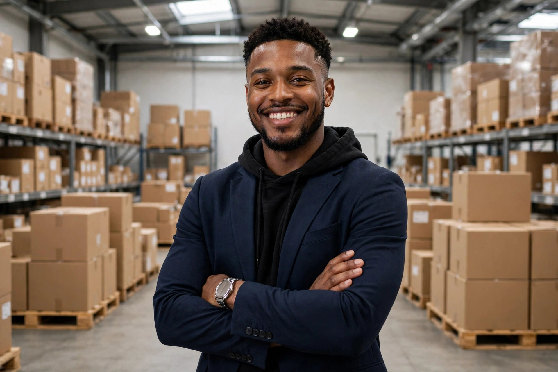 Confident South African business owner in a warehouse with stock ready for supply